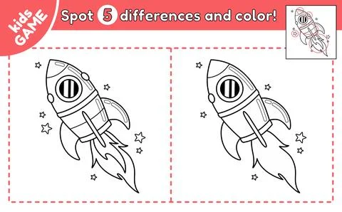 Kids game Spot differences with rocket in space Stock Illustration