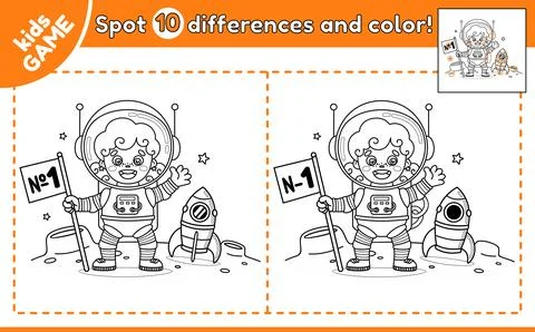 Kids game Spot differences with spacewoman on Moon Stock-Illustration