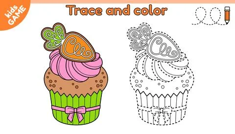 Kids game Tracing lines with Easter cupcake Stock Illustration