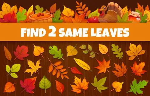 Kids game worksheet find two same autumn leaves Ilustração Stock