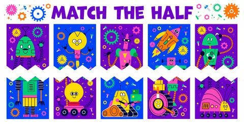 Kids game worksheet, match the half of funny robot Stock Illustration