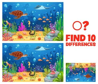 Kids game worksheet, ten differences on underwater Stockillustratie