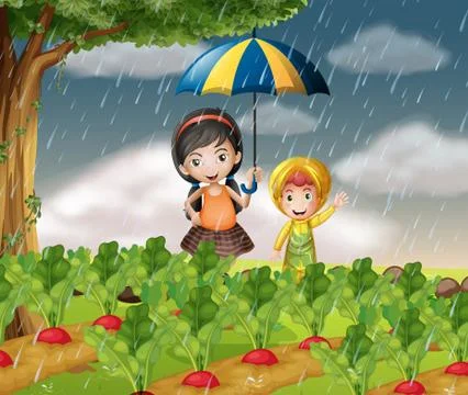 Kids in the garden when it is raining Stockillustratie