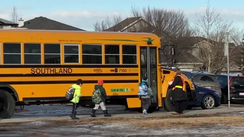 Kids getting on board a school bus parked by a public school in winter. Vídeo Stock 231451733