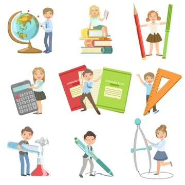 Kids With Giant School Attributes Stock Illustration