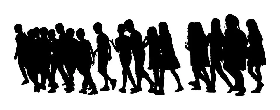 Kids going to school together, vector silhouette boys and girls. Stock Illustration