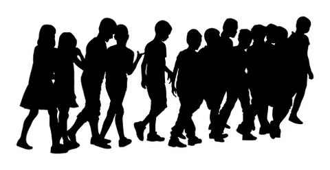 Kids going to school together, vector silhouette boys and girls. Stock Illustration
