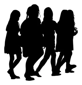 Kids going to school together, vector silhouette girls crew. Stock Illustration
