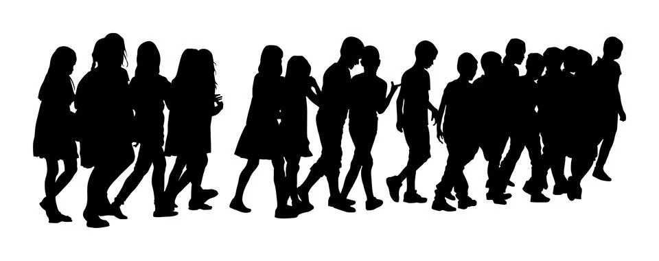 Kids going to school together, vector silhouette boys and girls. Stock Illustration
