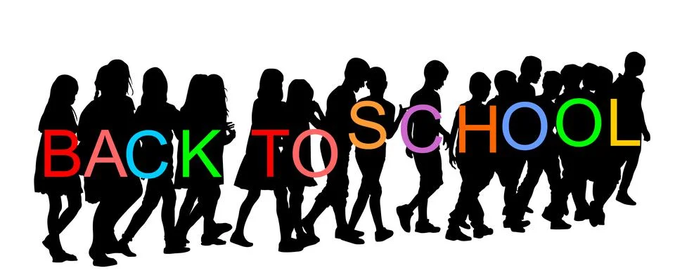 Kids going to school together vector silhouette illustration Stock Illustration