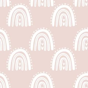 Kids hand drawn seamless pattern with pink pastel rainbows. Summer background 스톡 일러스트