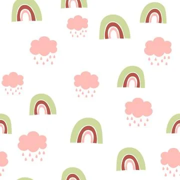 Kids hand drawn seamless pattern with colorful pastel rainbows and clouds 스톡 일러스트