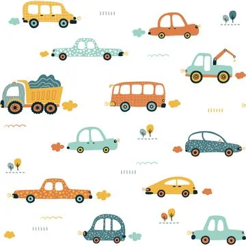 Kids hand drawn seamless pattern with funny cars Stock Illustration