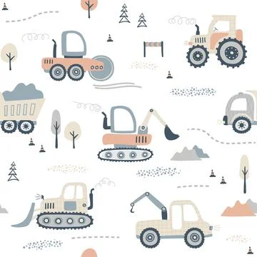 Kids hand drawn seamless pattern with cute tractor Stock Illustration