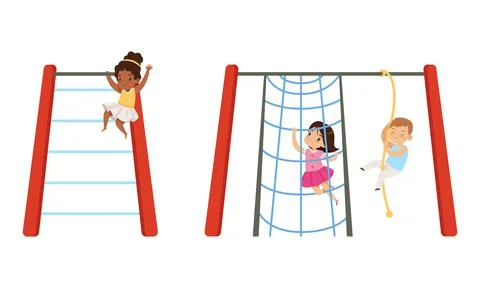 Kids Having Fun on Playground Set, Little Children Swinging on Swing and Stock Illustration