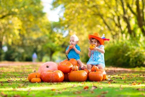Kids having fun at pumpkin patch Fotos de archivo