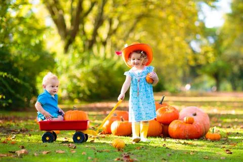 Kids having fun at pumpkin patch Fotos de archivo