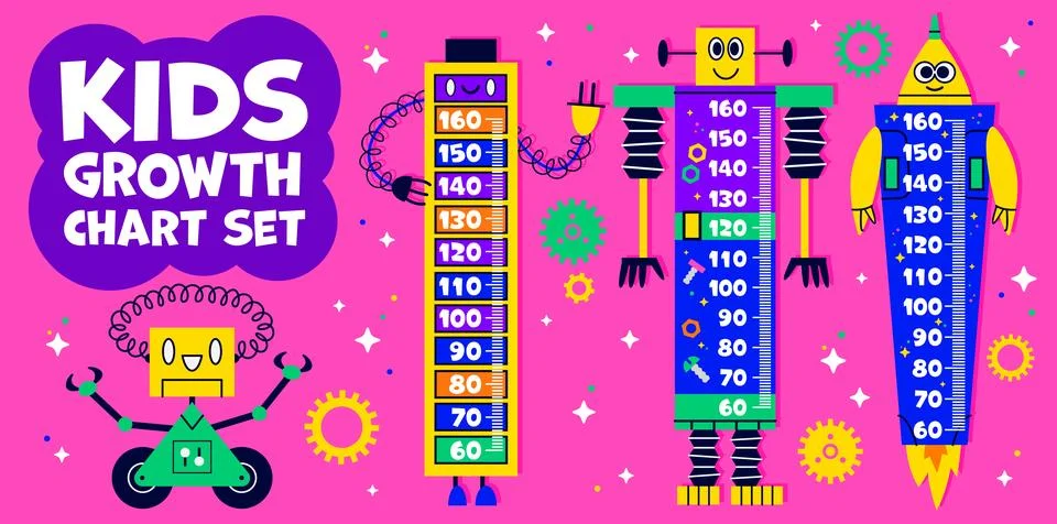 Kids height chart meter ruler with cartoon robots Stock Illustration