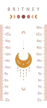 Kids height chart. Meter wall with cute boho moon. Vector illustration in doodle Ilustração Stock
