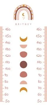 Kids height chart. Meter wall with cute boho rainbow and moon. Vector Ilustração Stock