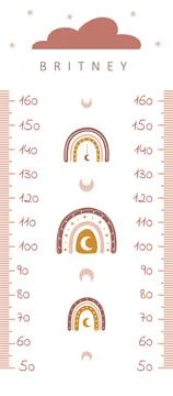 Kids height chart. Meter wall with cute boho rainbow. Vector illustration in Ilustração Stock