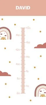 Kids height chart. Meter wall with cute boho rainbow. Vector illustration in Ilustração Stock