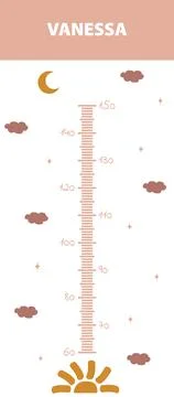 Kids height chart. Meter wall with cute boho sun and moon. Vector illustration Ilustração Stock
