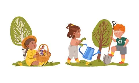 Kids helping save the world set. Children picking mushrooms and planting tree Stock Illustration