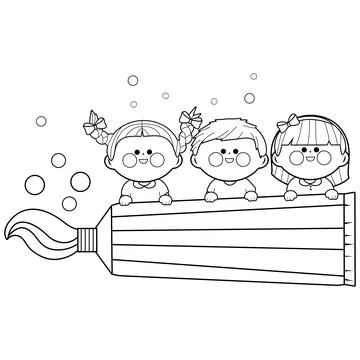 Kids holding a toothpaste. Vector black and white coloring page. Stock Illustration