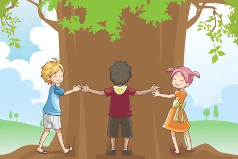 Kids hugging tree Stock Illustration