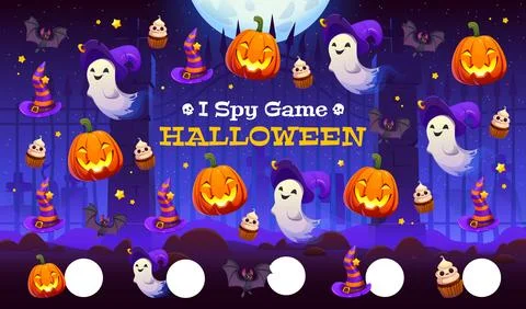 Kids I spy game worksheet with Halloween character Stock Illustration