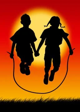 Kids jumping rope on red background, illustration Stock Illustration