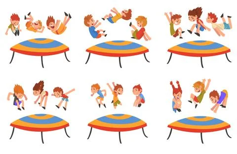 Kids Jumping on Trampoline Bouncing and Having Fun Vector Set Stock Illustration