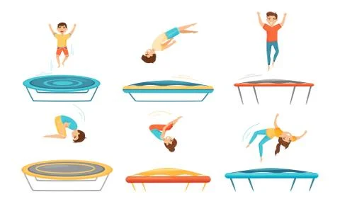 Kids Jumping on Trampoline Vector Illustrations Set. Sportive Kids Exercise and Stock Illustration
