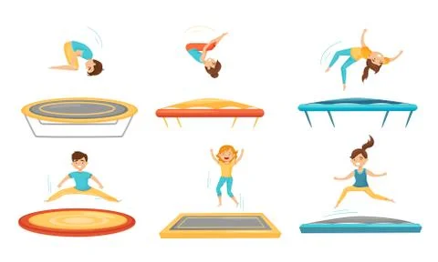 Kids Jumping on Trampoline Vector Illustrations Set. Sportive Kids Exercise and Stock Illustration