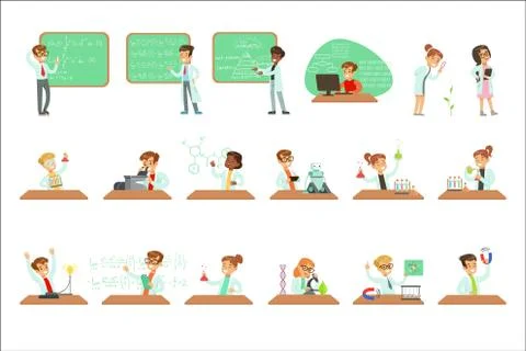 Kids In Lab Coats Doing Science Research Dreaming Of Becoming Professional Stock Illustration