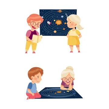 Kids learning about space and girl playing scientific educational game vector Ilustração Stock