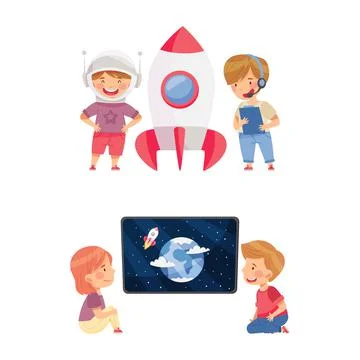 Kids learning about space and watching movie about space vector illustration Stock Illustration