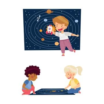 Kids learning about space set. Boy and girl playing scientific educational game Ilustração Stock