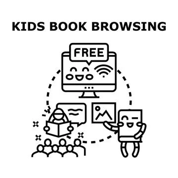 Kids learning and browsing books online and offline Stockillustratie