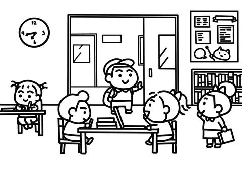 Kids Learning and Playing in Elementary School Classroom Coloring Page イラスト素材