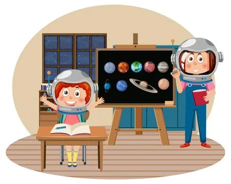 Kids learning astronomy in the classroom Ilustración de archivo