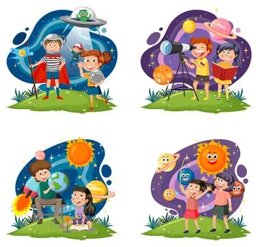Kids learning astronomy set Ilustración de archivo