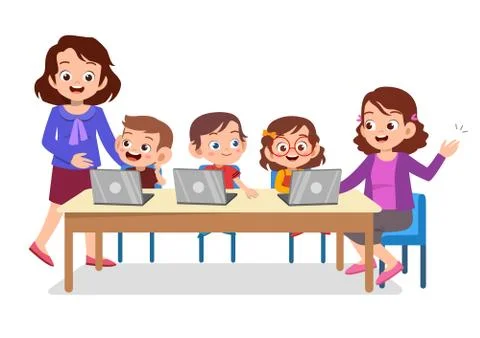Kids learning computer with teacher Stock Illustration