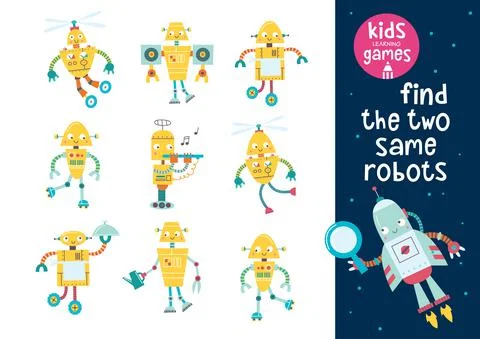 Kids learning game. Find the same robots. 库存插图