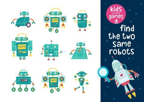 Kids learning game. Find the same robots. 库存插图