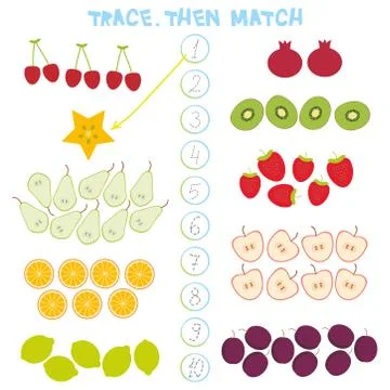 Kids learning number material 1 to 10 Trace Then match. Illustration of Educa Stock Illustration