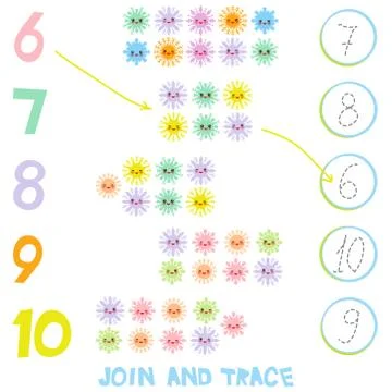 Kids learning number material 6 to 10. Join and Trace. Illustration of Educat Stock Illustration