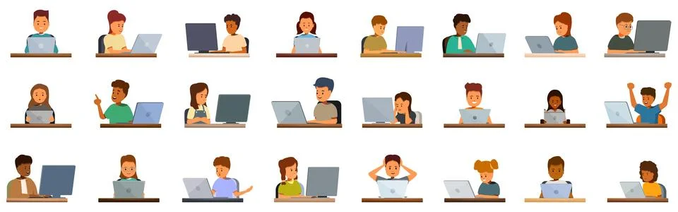 Kids learning programming icons set. Kids using laptops and desktop compute.. Stock Illustration