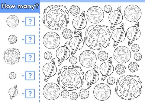 Kids math counting game How many outline planets Stock Illustration